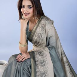 Anjor Floral Zari Silk Blend Designer Tussar Saree-image-95