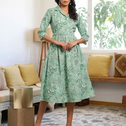 JISORA Women Green Printed Cotton Flex Dress-picture-18