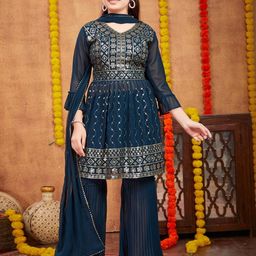 Muhuratam Girls Turquoise Blue Georgette Kurta Sets-image-76