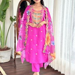 KALINI Women Embroidered Regular Sequinned Chanderi Silk Kurta with Trousers & With Dupatta-49