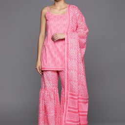 Libas Women Pink Floral Printed Pure Cotton Kurti with Sharara & With Dupatta-image-21