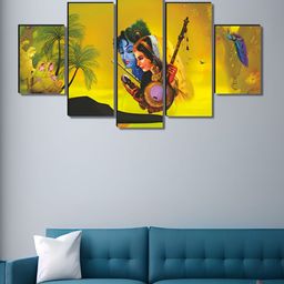 SAF Yellow & Blue 5 Pieces Lord Krishna & Meera Religious Printed Wooden Wall Art-54