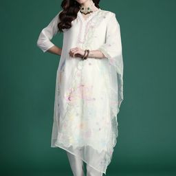 Indo Era Floral Embroidered Thread Work Kurta with Trousers & With Dupatta-45