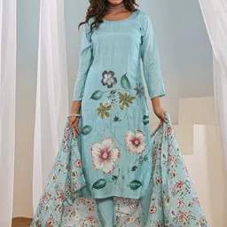 KOTRONS Floral Embroidered Thread Work Round Neck Kurta With Trousers & Dupatta-picture-17