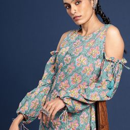 Taavi Pure Cotton Indie Florals Printed Cold-Shoulder Sanganeri Kurta With Trousers-picture-19