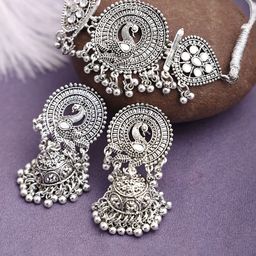 PUJVI Stone Studded Oxidised Jewellery Set-image-20