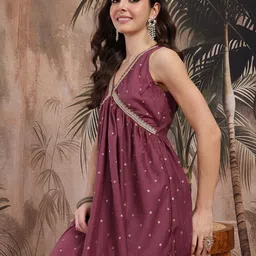 Sangria Foil Print Yoke Design Gotta Patti Kurta with Trousers-image-34