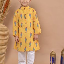 Here&Now X Kinder Kids Boys Animal Printed Straight Pure Cotton Kurta With Trousers-48