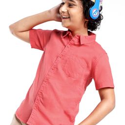 Pine Kids Cotton Linen Half Sleeves Solid Colour Shirt - Coral-image-32