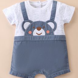 ToffyHouse  100%  Cotton Woven Half Sleeves Corduroy Romper with Bear Embroidery - Greyish Blue-picture-15