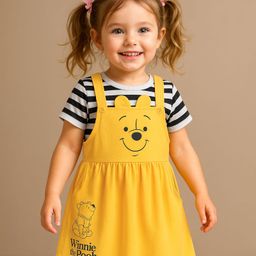 Babyhug Disney Cotton Jersey Knit Half Sleeves T-Shirt with Frock Winnie the Pooh Graphics- Yellow-26