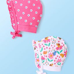 Babyhug 100% Cotton Interlock Knit Caps With Floral Print Pack of 2 - Pink & White-image-82
