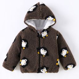 Kookie Kids Full Sleeves Hooded Front Open Sweatshirt With Penguin Design - Brown-image-52