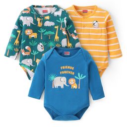 Babyhug 100% Cotton Full Sleeves Onesies Animal Print Pack of 3 -Blue & Yellow-image-101