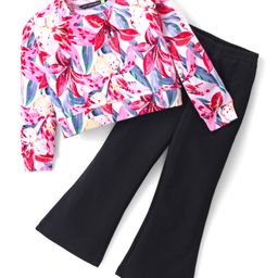 Tiara Cotton Spandex Full Sleeves Floral Printed Sweat Shirt With Bell Bottom Pant Set - Red & Black-image-3