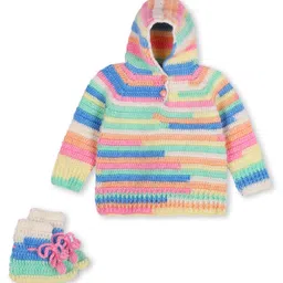 Windrop Solutions Full Sleeves Self Designed Crochet Hooded Sweater With Booties Set - Multi Colour-picture-41
