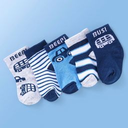 Doodle Poodle Cotton Knit Ankle Length Strips Car & Bus Design Socks Pack of 5 -Navy Blue White & Light Blue-picture-42
