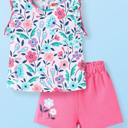 Babyhug Single Jersey Knit Sleeveless Top & Shorts Set With Floral Print - White & Pink-image-119