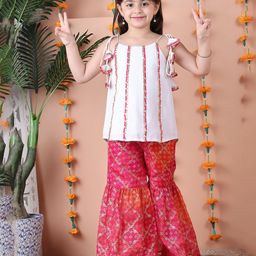 NEUDIS Cotton Sleeveless Floral Printed & Lace Embellished Kurta Sharara Set - White & Magenta-image-68