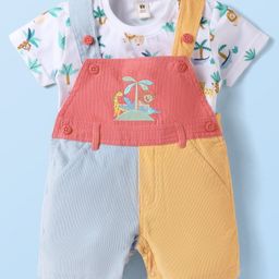 ToffyHouse Cotton Knit Half Sleeves Inner Tee & Dungaree Set with Animal Print & Color Block Design - Multicolor-image-2