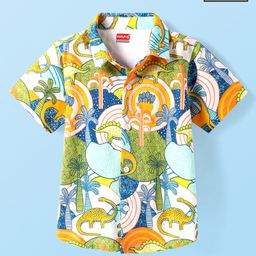 Babyhug Cotton Knit Half Sleeves Shirt With Dino Print - Green-image-60
