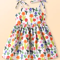 Babyhug Cotton Woven Sleeveless Anti Bacterial Frock with Floral Print - White Blue & Red-picture-42