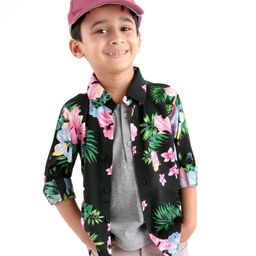 Rikidoos Full Sleeves Floral Printed Shirt With Attached Tee & Cap - Black & Green-picture-18