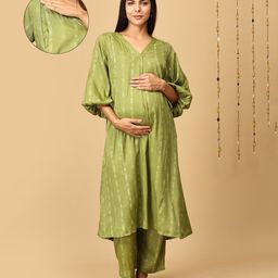 The Mom Store Cotton Rayon Three Fourth Balloon Sleeves Bandhani Printed Maternity Kurta With Nursing Access & Pant Set - Green-image-80