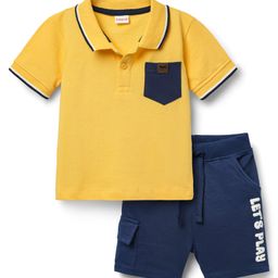 Babyhug Single Jersey Knit Half Sleeves Polo T-Shirt & Shorts Set with Text Print - Yellow & Blue-image-34