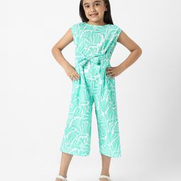 Nauti Nati Crepe Cotton Sleeveless Leaves Printed Jumpsuit With Attached Belt - Green-image-44