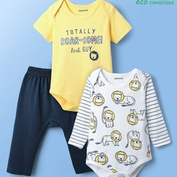 Babyoye 100% Cotton Knit 3 Piece Onesies With leggings Set With Lion & Text Print - Yellow & Black-image-2