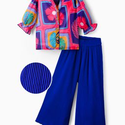 OLLINGTON ST. Woven Floral Printed Half Sleeves Top & Pleated Cullotes - Pink & Navy Blue-image-61