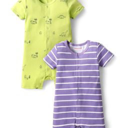 Kookie Kids Interlock Knit Half Sleeves Striped & Dino Printed Rompers Pack of 2 - Purple & Light Green-image-39