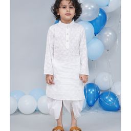 Little Bansi Cotton Woven Full Sleeves Floral Embroidered & Pearls Embellished Kurta & Dhoti Set - White-image-44