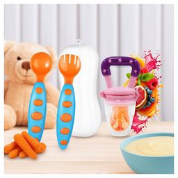 AEREX Baby Fruit & Food Nibbler with Feeding Spoon Set | Soft Teether | Silicone Soft Pacifiers | Fruit Feeder | Nibbler for Babies | Food Grade Baby Spoon and Fork with Soft Silicone (Multicolor)-22