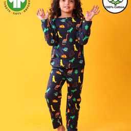 Anthrilo 100% Organic Cotton Knit Full Sleeves Dinosaur Printed Coordinating Night Suit Set - Navy Blue-picture-12