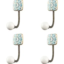 IndianShelf Turquoise Blue & White 4 Pieces Ceramic Square Wall Hooks-16