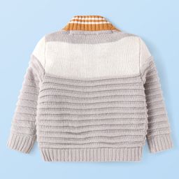 Babyhug Knitted Full Sleeves Front Open Sweater with Text Patch - Grey & Yellow image 2