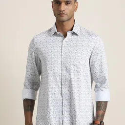 Turtle Men Standard Slim Fit Floral Printed Spread Collar Cotton Formal Shirt-image-89