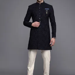 Manyavar Men Navy Blue & White Floral Printed Sherwani and Churidar Set-24
