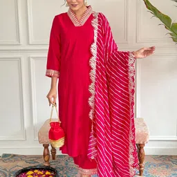 SWEETPEL Women Embroidered Thread Work Chanderi Silk Kurta with Trousers & Dupatta-picture-20