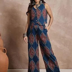 InWeave Printed V-Neck Pure Cotton Waistcoat With Palazzo-image-69