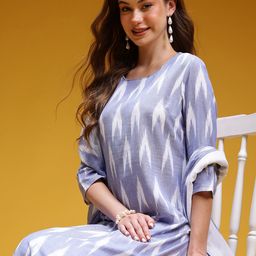 HERE&NOW Ikat Print Pure Cotton Kurta with Trousers & Dupatta-47
