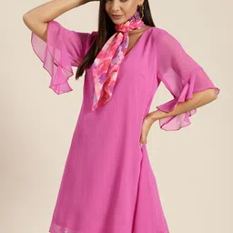 Qurvii Pink Solid V Neck Bell Sleeves Georgette A-Line Dress With Scarf-picture-10