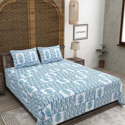CLOTHOLOGY Blue & Green Floral Pure Cotton 180 TC King Bedsheet Set 2.75m x 2.25m-image-76
