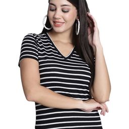 SZN Women Striped V-Neck Pockets T-shirt-image-15