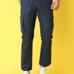 V-Mart Men Navy Blue Cotton Mid-Rise Regular Fit Casual Cargos Trousers-image-83