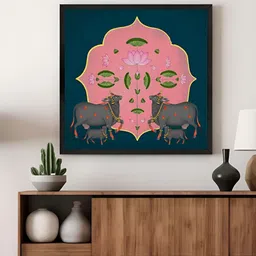 999Store Pink & Grey Symmetrical Cow and Lotus Flower Canvas Wall Art-image-23