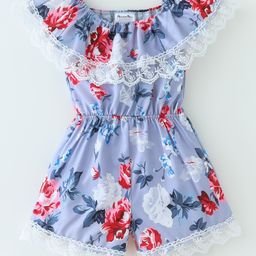 Kookie Kids Half Sleeves Jumpsuit with Floral Print & Lace Detailing - Multicolor-picture-17