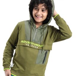 Pine Kids Full Sleeve Hooded Front Open Biowashed Sweatshirt Text Print - Dark Green-13
